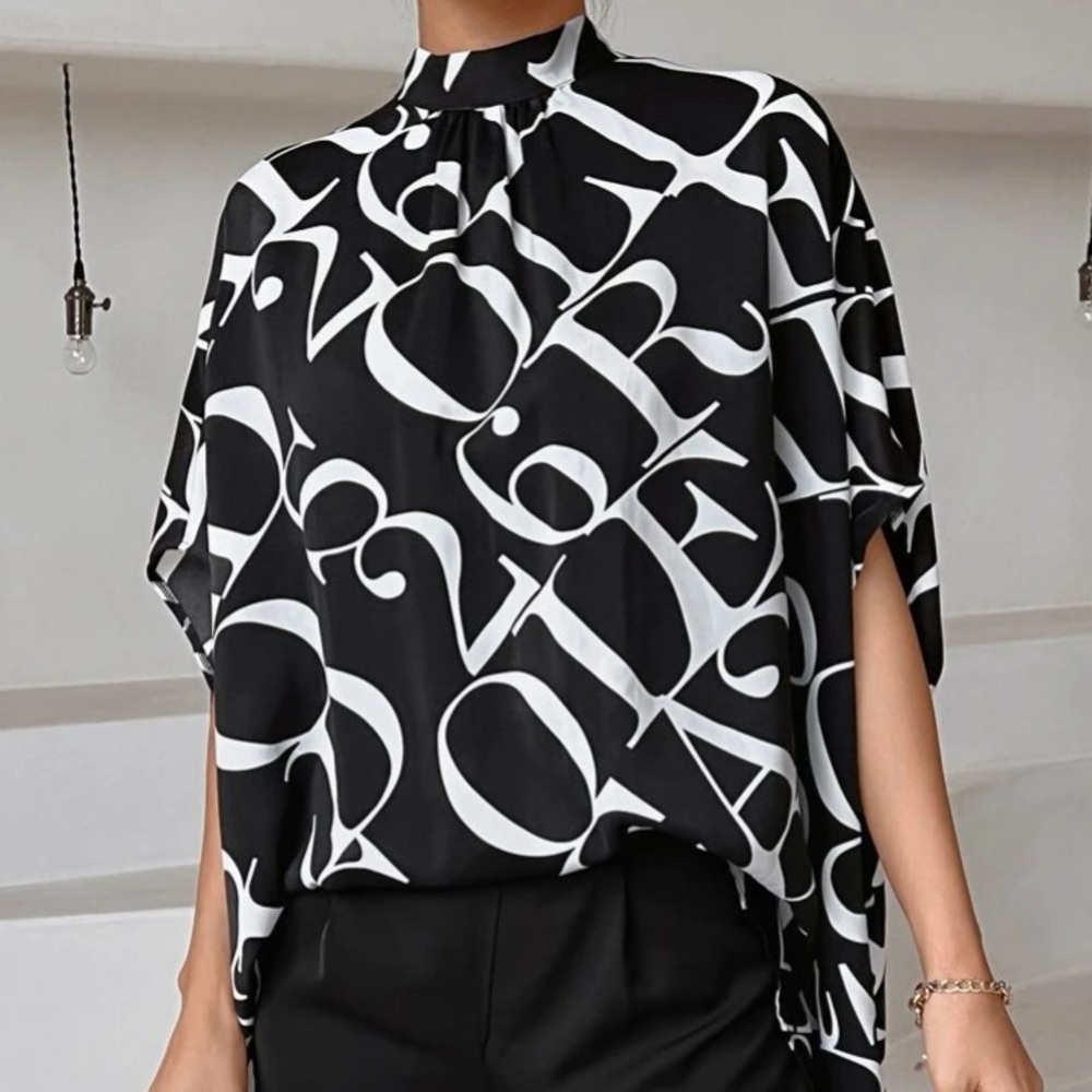 Dolman Sleeved Letter Print Designer Blouse. - Picture 7 of 14